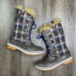 Sorel Estate Blue Plaid Tofino Fur Boots Womens Size 9.5